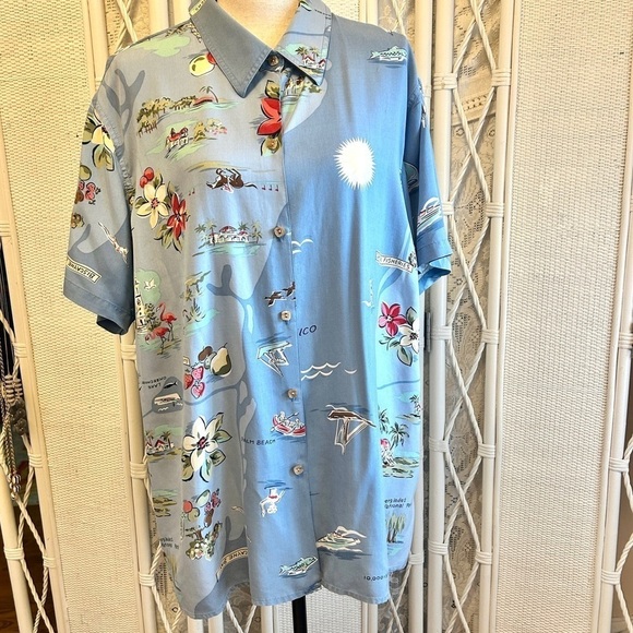 Vintage 90s Blouse Silk Button Front Florida Coast Tropics Floral Blue size 20W - Picture 5 of 16